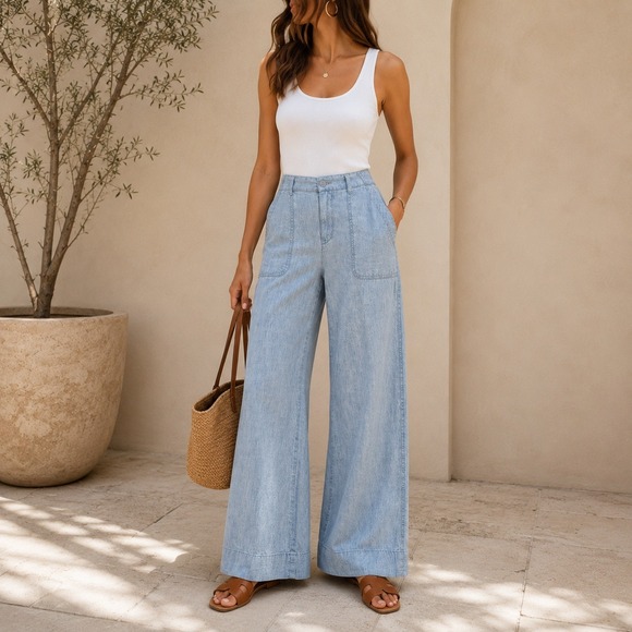 GAP Pants - Gap Light Blue Chambray Cotton Trousers Wide Leg Pants 30 Capsule Wardrobe Boho